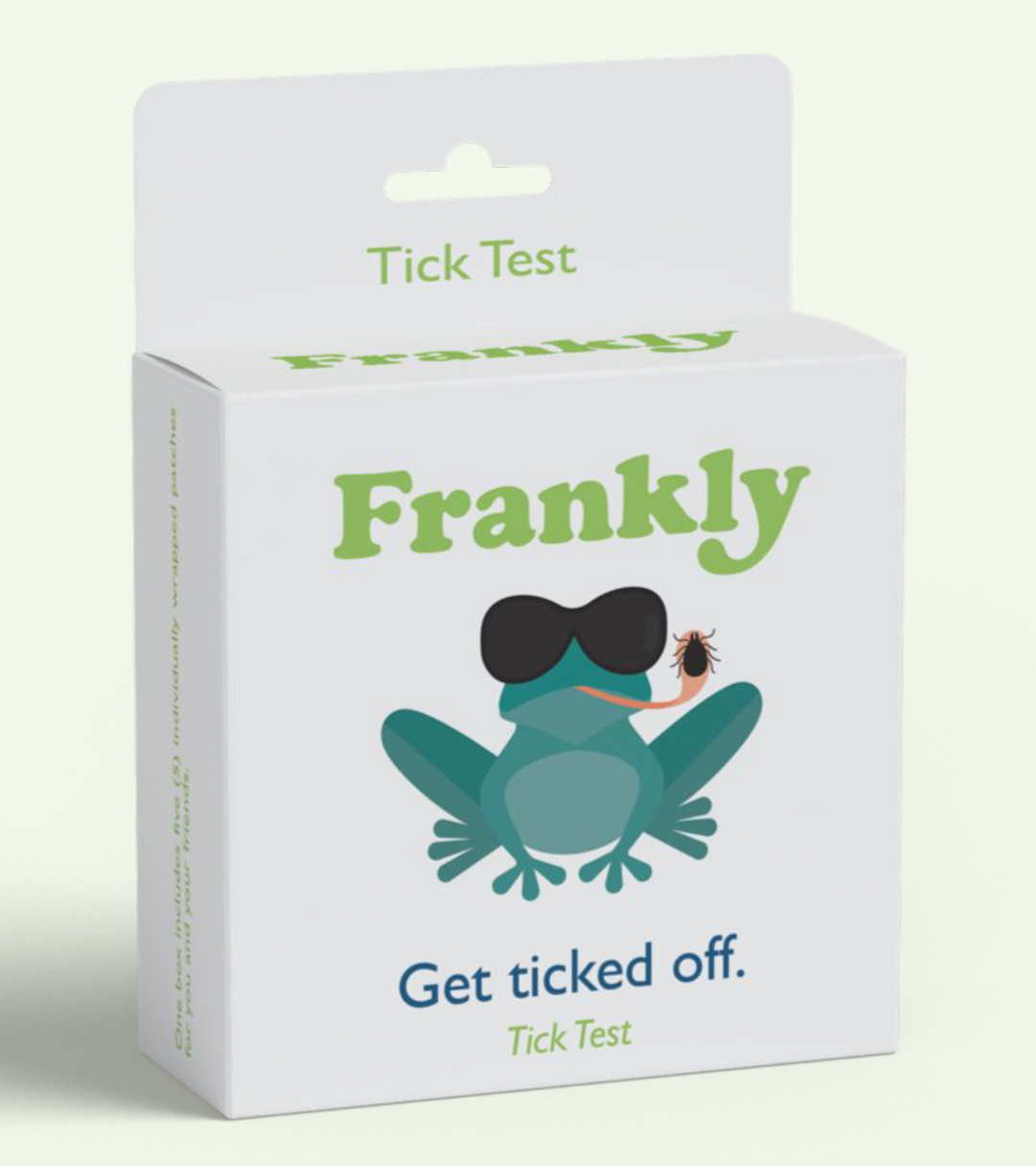 Packaging for Frankly tick test. Reads "Frankly: Get ticked off. Tick test"
