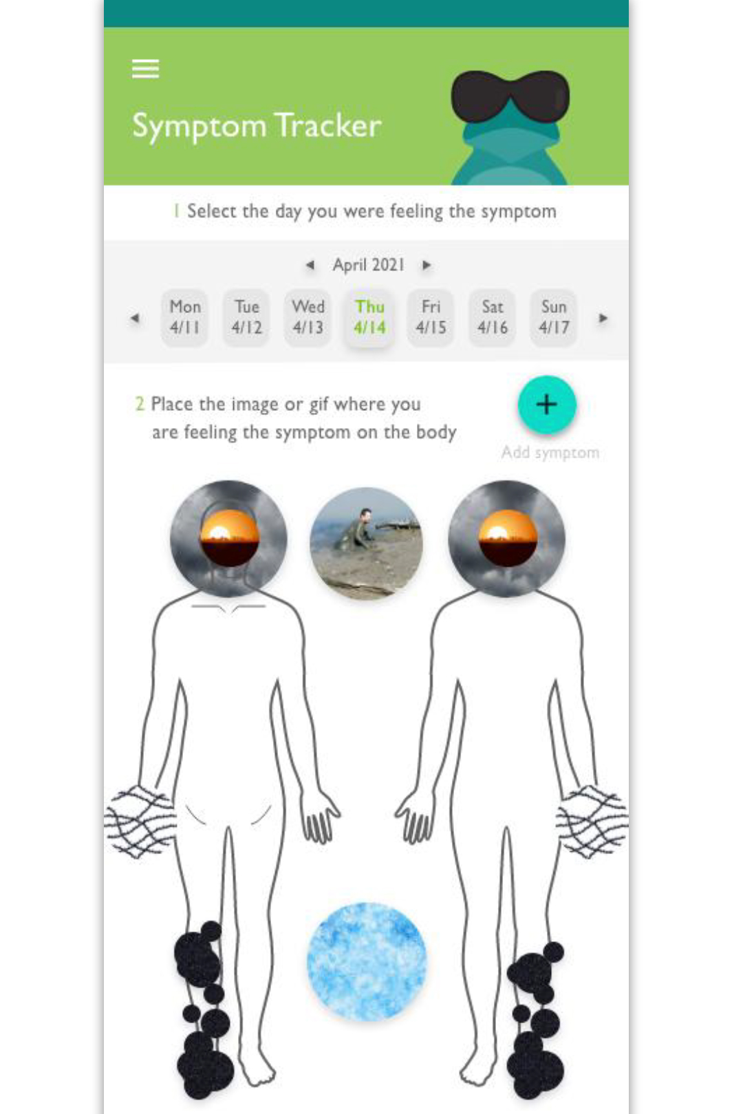 A screenshot of the Frankly app Symptom Tracker. User can select day they were feeling a symptom and place a photo representing the symptom where it occurred on the body.
