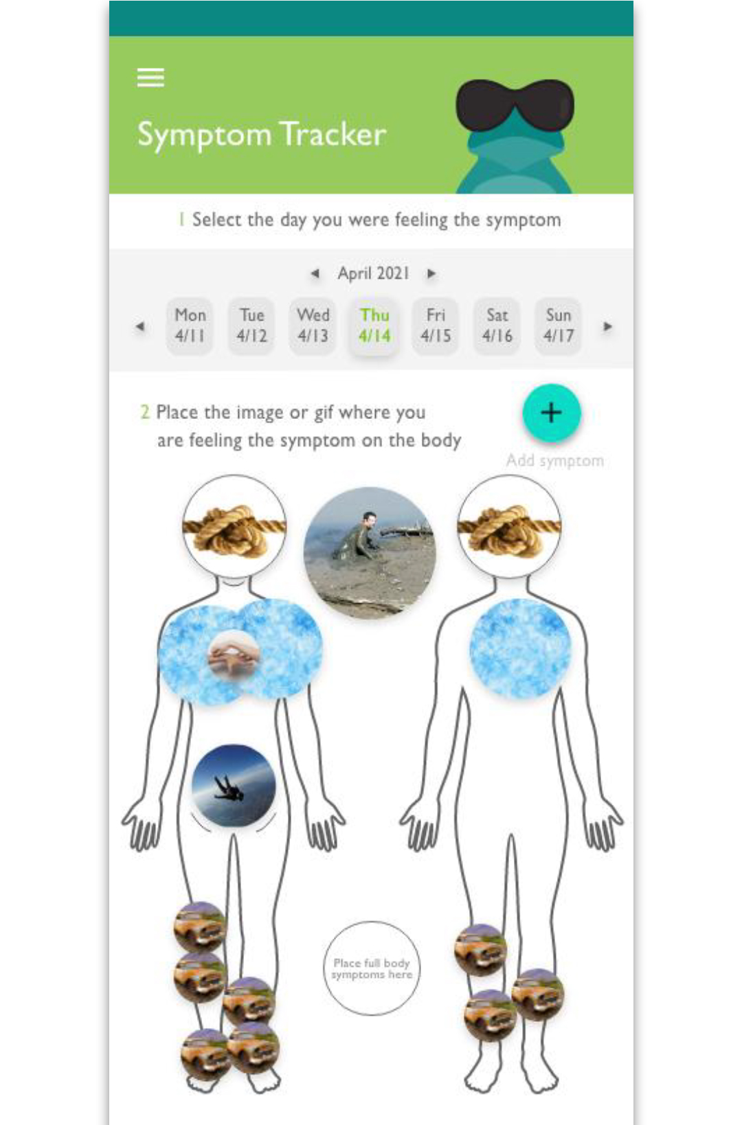 A screenshot of the Frankly app Symptom Tracker. User can select day they were feeling a symptom and place a photo representing the symptom where it occurred on the body.